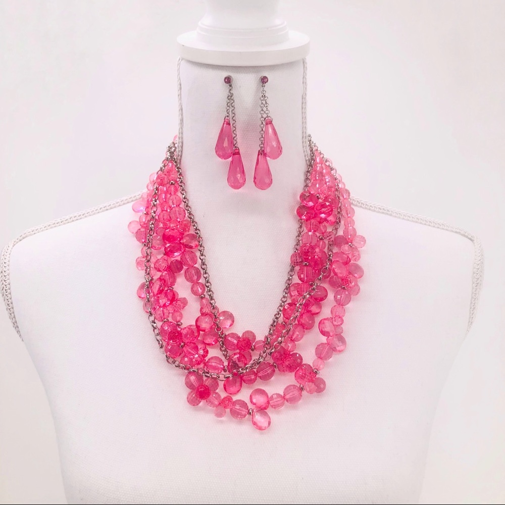 NWOT Pink Acrylic Beaded Necklace & Earrings Set